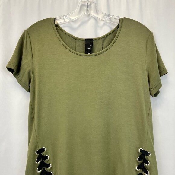 Bobi Los Angeles Womens Blouse Olive Green Short Sleeve Lace Up Detail Pleat S - Picture 2 of 10